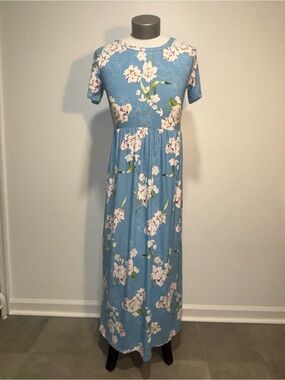 MISFAY Blue Floral Knit Stretch Round Neck Short Sleeve Maxi Dress w/ Pockets L